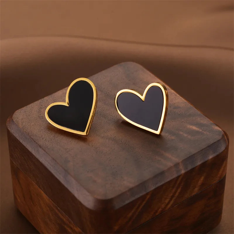 Heart Gold Black Earrings